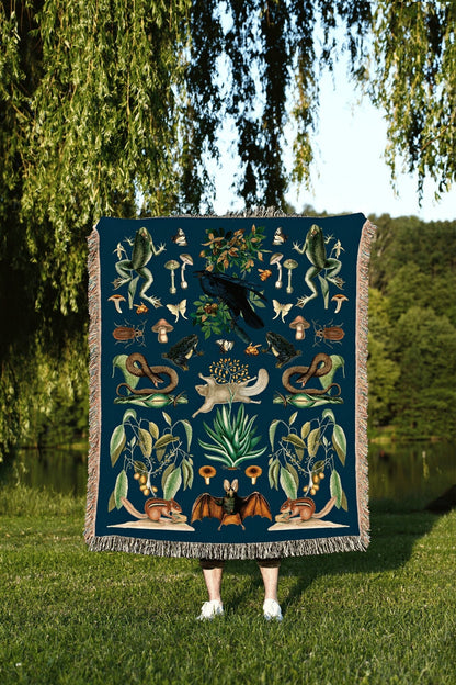 Navy Blue Botanical Tapestry Woven | Gothic Room Decor Bat Tapestry | Dark Academia Tapestry Woodland Gothic | Crowcore Tapestry Blanket |