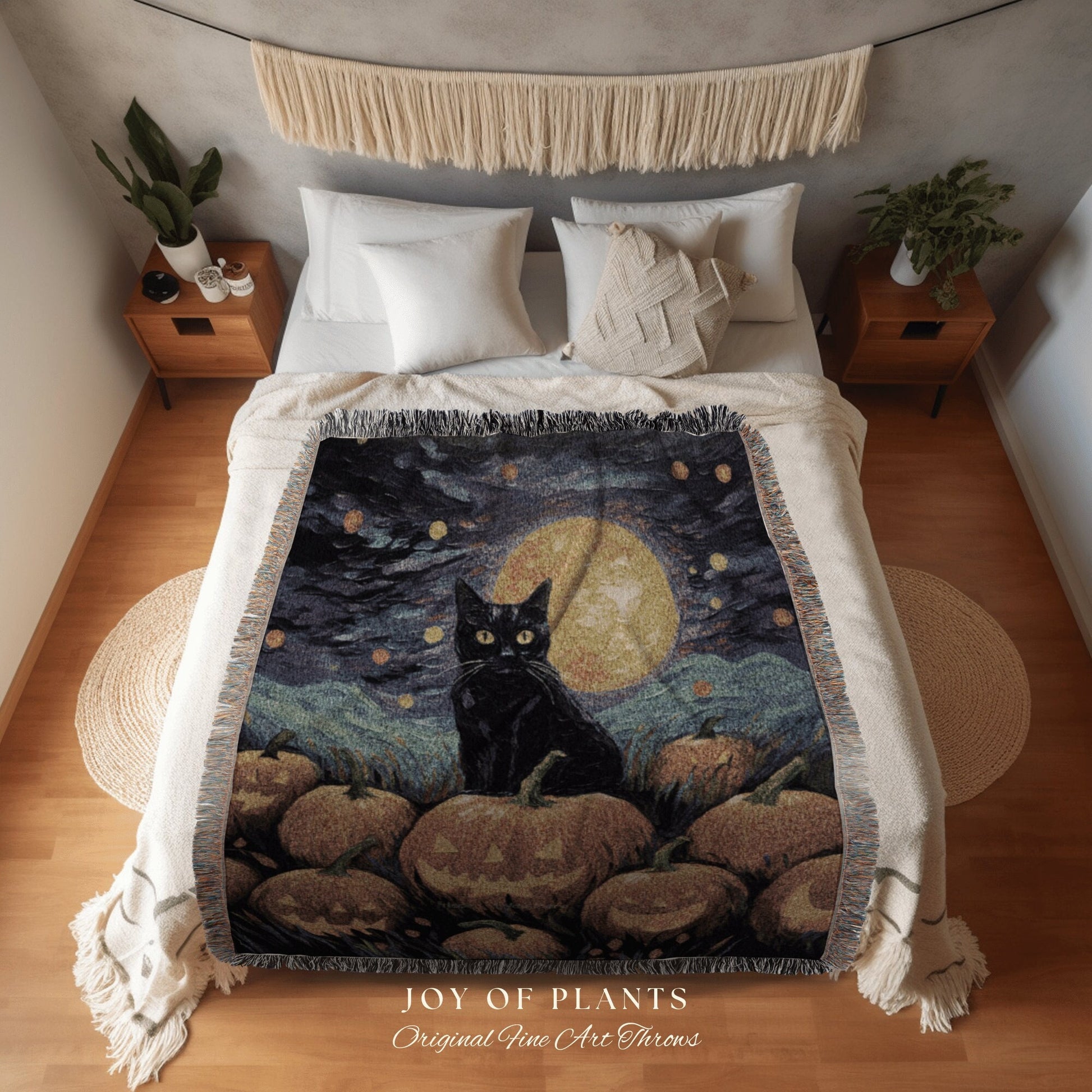 Vintage Jack-o-Lantern Art Halloween Cat Blanket Woven Tapestry Starry Night Van Gogh Decor | Black Cat Tapestry Woven Blanket Halloween Art