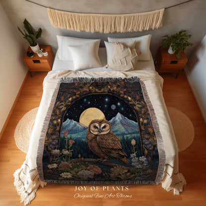 Barn Owl Wall Art Blanket Woven Tapestry | Owl Artwork Vintage Tapestry Autumn Decor | Owl Decor Cozy Throw Blanket Woven Tapestry Whimsical