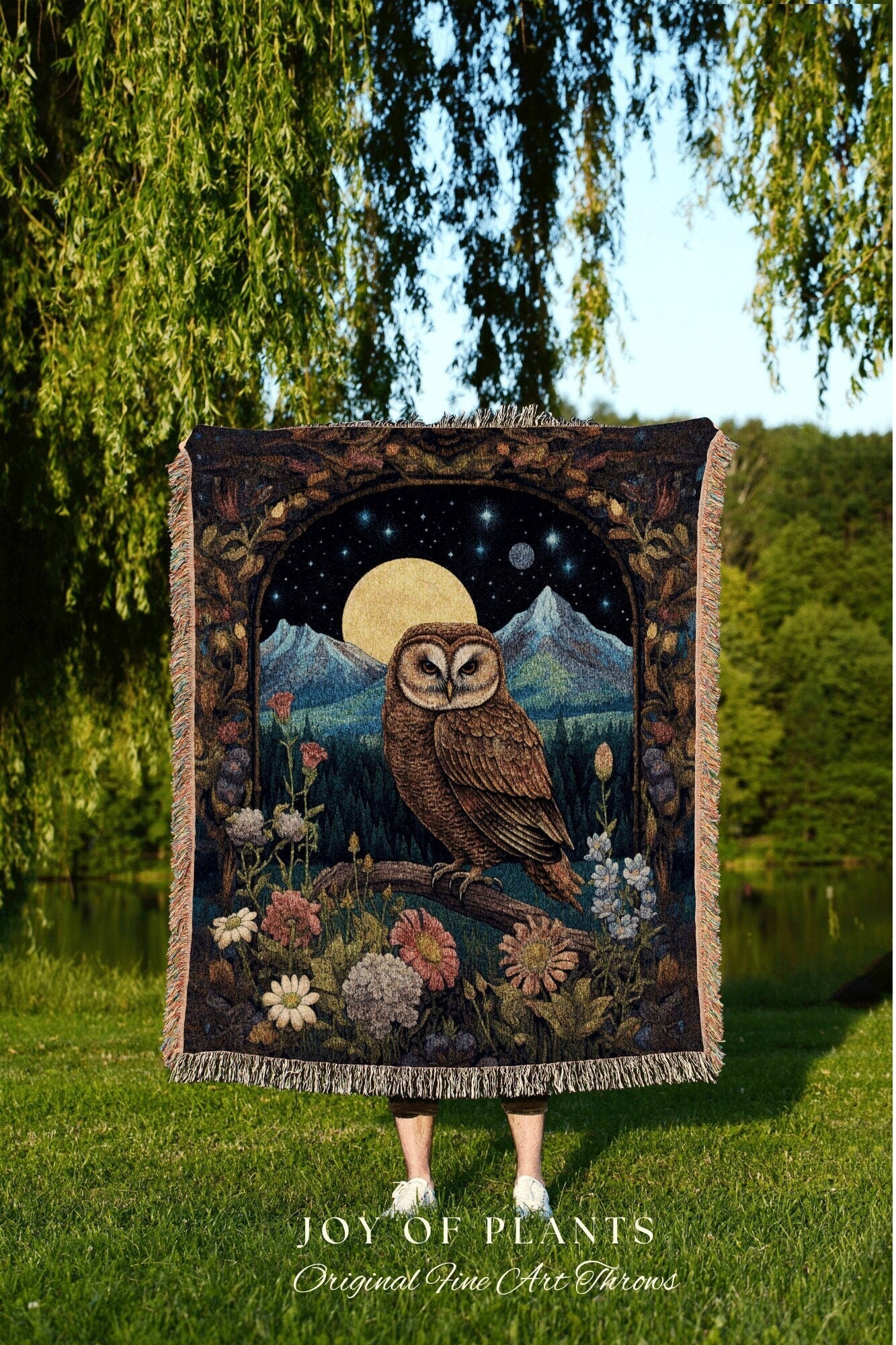 Barn Owl Wall Art Blanket Woven Tapestry | Owl Artwork Vintage Tapestry Autumn Decor | Owl Decor Cozy Throw Blanket Woven Tapestry Whimsical