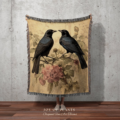 Crow Tapestry Blanket Gothic Room Decor | Black Crow Raven Tapestry Blanket Woven Wall Art | Whimsigoth Room Decor Halloween Crow Aesthetic