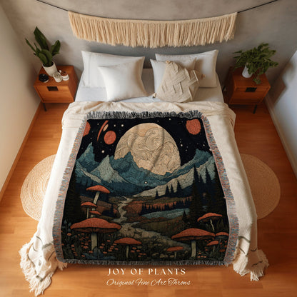 Celestial Mushroom Mountain Throw Blanket Fairycore | Full Moon Woodland Mushroom Tapestry Cottagecore Decor Goblincore Woven Throw Blanket