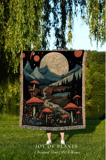 Celestial Mushroom Mountain Throw Blanket Fairycore | Full Moon Woodland Mushroom Tapestry Cottagecore Decor Goblincore Woven Throw Blanket