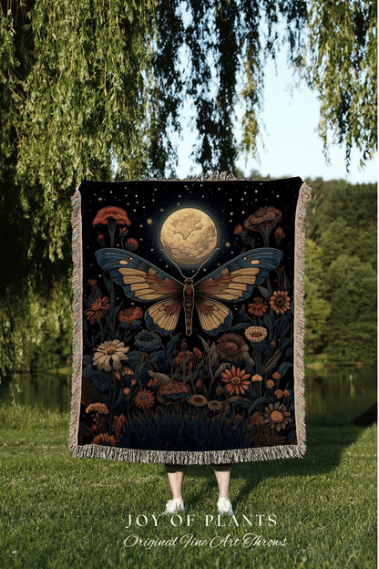 Full Moon Moth Tapestry Blanket Woven | Dark Cottagecore Decor Art Dark Academia Blanket Woven Tapestry Cottagecore Decor Butterfly Bedding