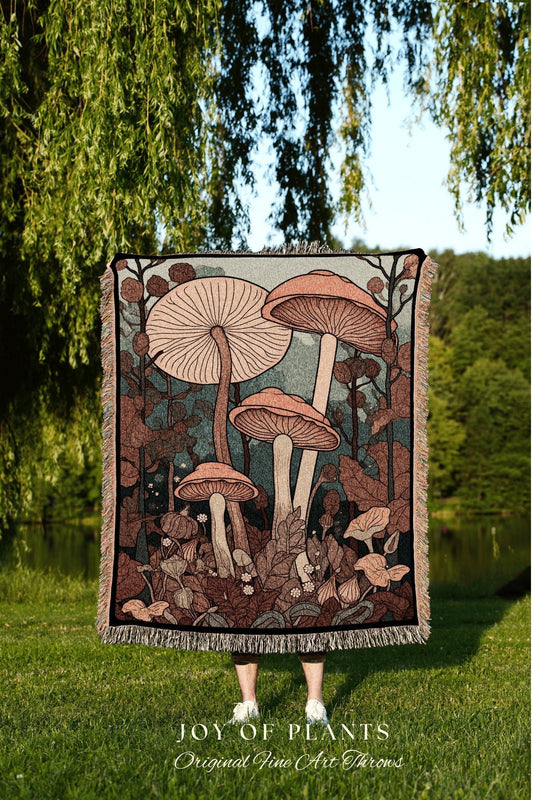 Vintage Mushroom Tapestry Cottagecore Decor | Mushroom Blanket Rustic Nature Throw | Gift for Mushroom Lover Woven Throw Blanket Cottagecore