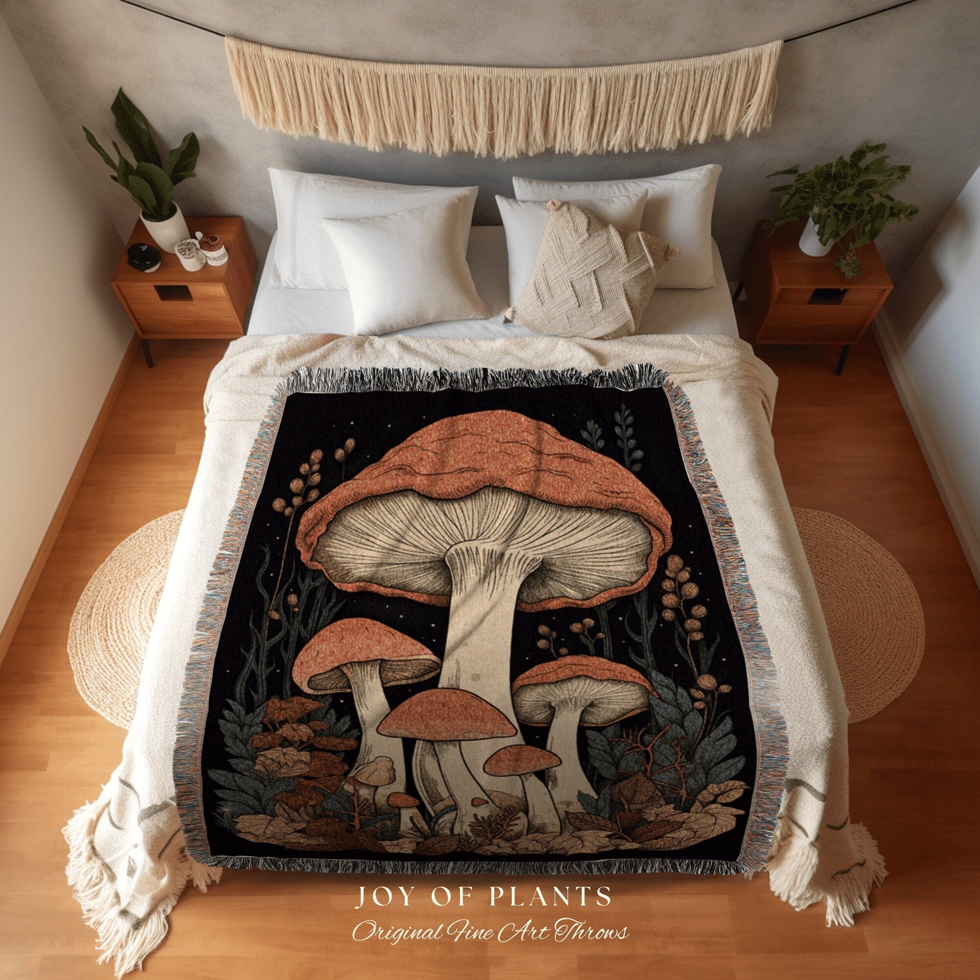 Celestial Mushroom Throw Blanket Cottagecore Decor | Mushroom Woven Throw Blanket Woodland Tapestry | Cottagecore Mushroom Vintage Blanket