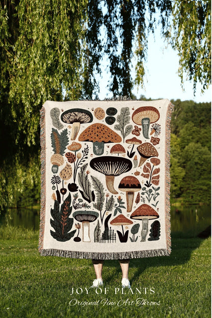 Retro Vintage Mushrooms Woven Throw Blanket | Mushroom Tapestry Woven | Mushroom Throw Blanket Toadstool Aesthetic | Mushroom Woodland Decor