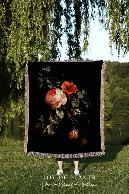 Black Throw Blanket Floral Tapestry Woven Tapestry Wall Hanging Vintage Gothic Victorian Decor Woven Blanket Goth Dark Acedemia Decor