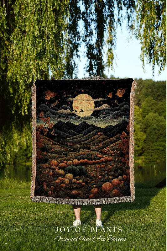 Woven Tapestry Vintage Fall Aesthetic | Pumpkin Patch Autumn Decor Vintage Floral Landscape Blanket | Woven Wall Hanging Tapestry Cozy Decor