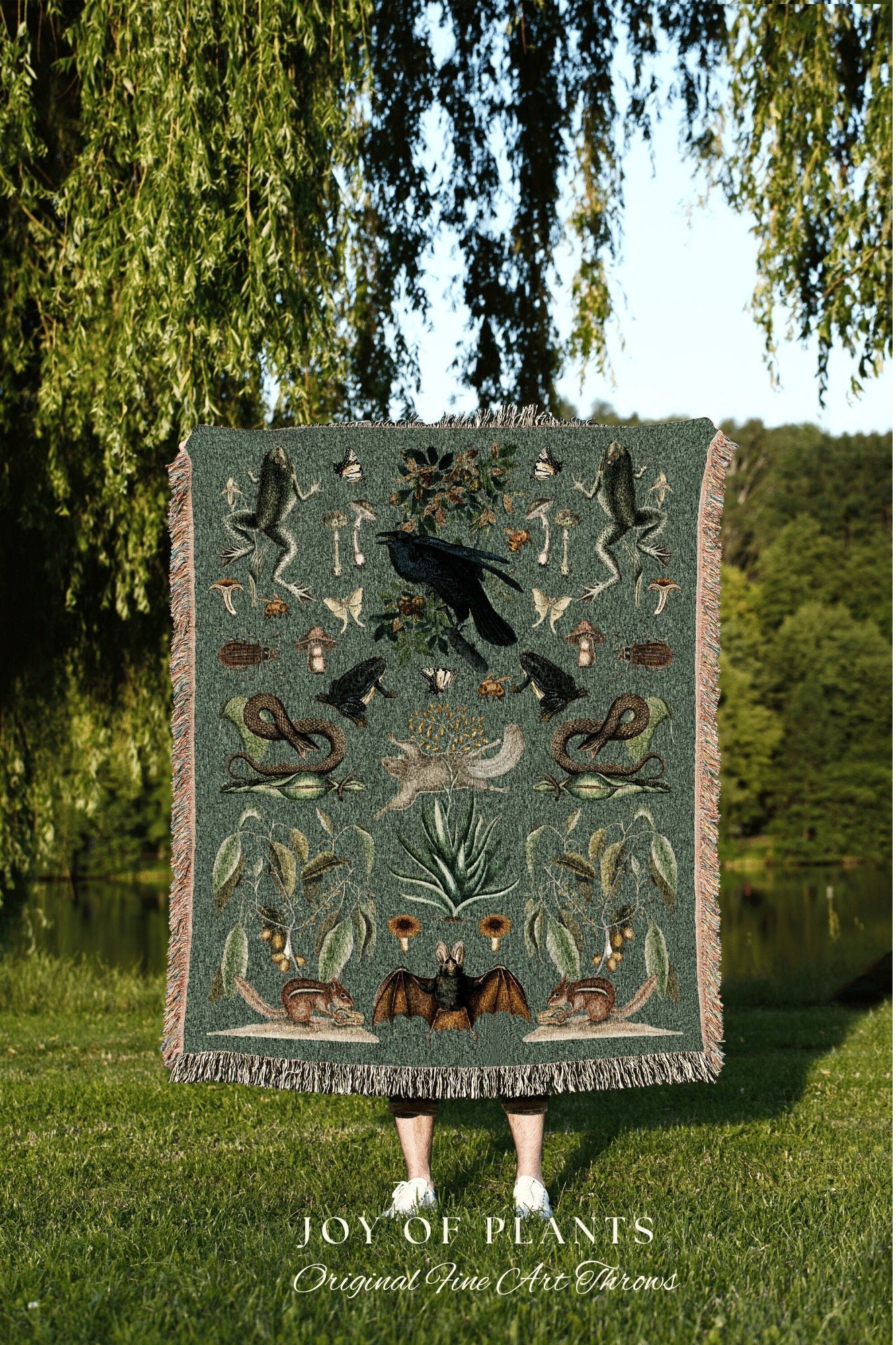 Sage Green Goblincore Blanket Woven | Gothic Room Decor Bat Tapestry | Dark Academia Tapestry Woodland Gothic | Crowcore Tapestry Blanket |