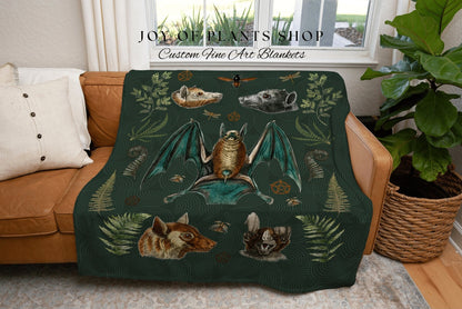 Forest Green Bat Blanket Woven Tapestry Gothic Bat Room Decor Blanket | Dark Cottagecore Art Tapestry Crowcore | Witchy Tapestry Whimsigoth