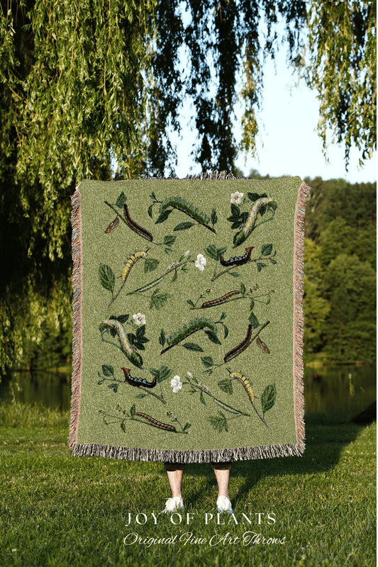 Sage Green Caterpillar Blanket Woven | Bug Tapestry Woven Bug Art Vintage | Bug Decor Woodland Aesthetic | Cottagecore Decor Woodland Boho |