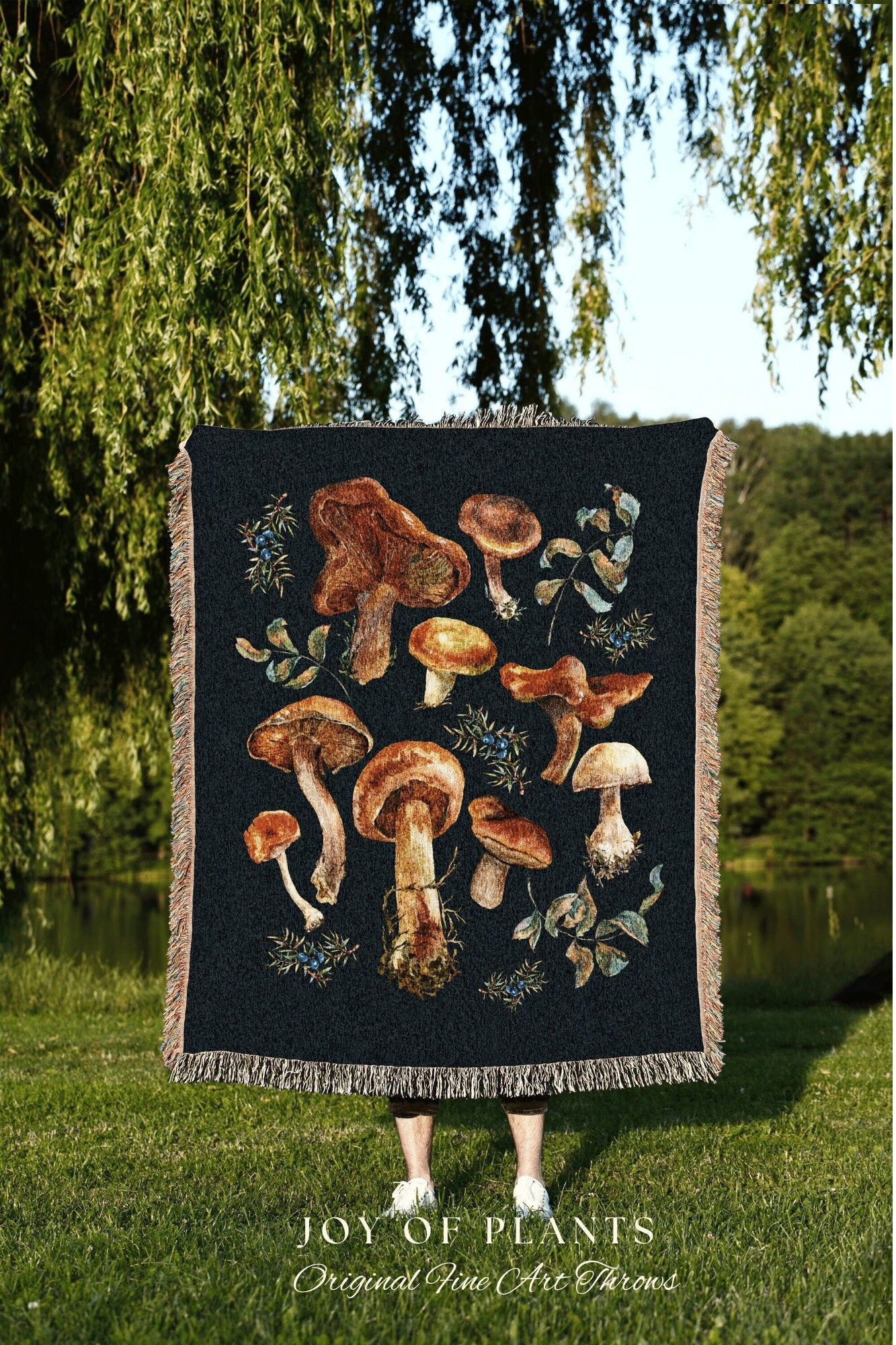 Navy Blue Mushroom Blanket | Watercolor Mushroom Tapestry Woven | Wall Tapestry Hanging Woven Wall Art | Navy Blue Wall Art Mushroom Throw |