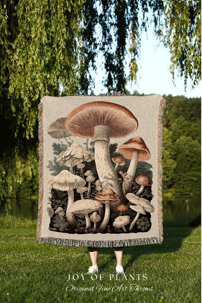 Retro Vintage Woven Mushroom Art Woodland Decor | Mushroom Tapestry Woven | Mushroom Throw Blanket Toadstool Aesthetic | Mushroom Woodland