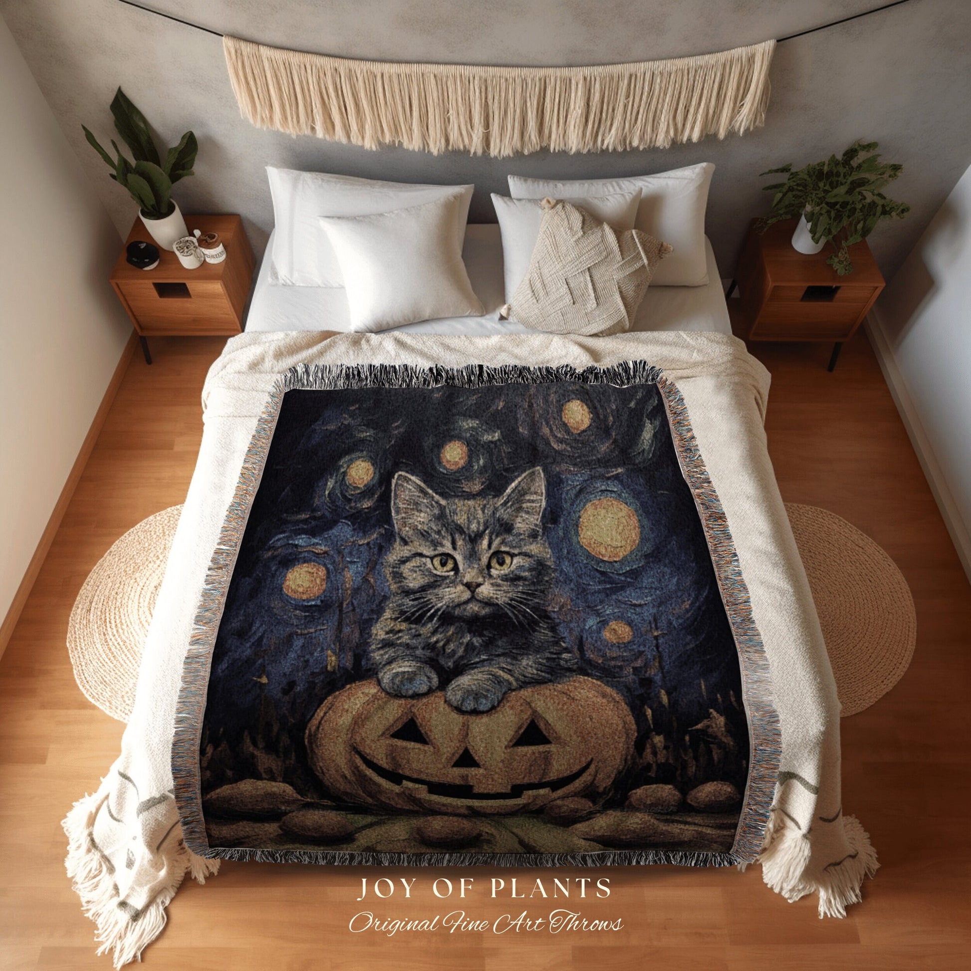 Jack-O-Lantern Kitten Tapestry Blanket Woven Throw Halloween Cute Decor | Pumpkin Patch Black Cat Tapestry Woven Blanket Halloween Decor |