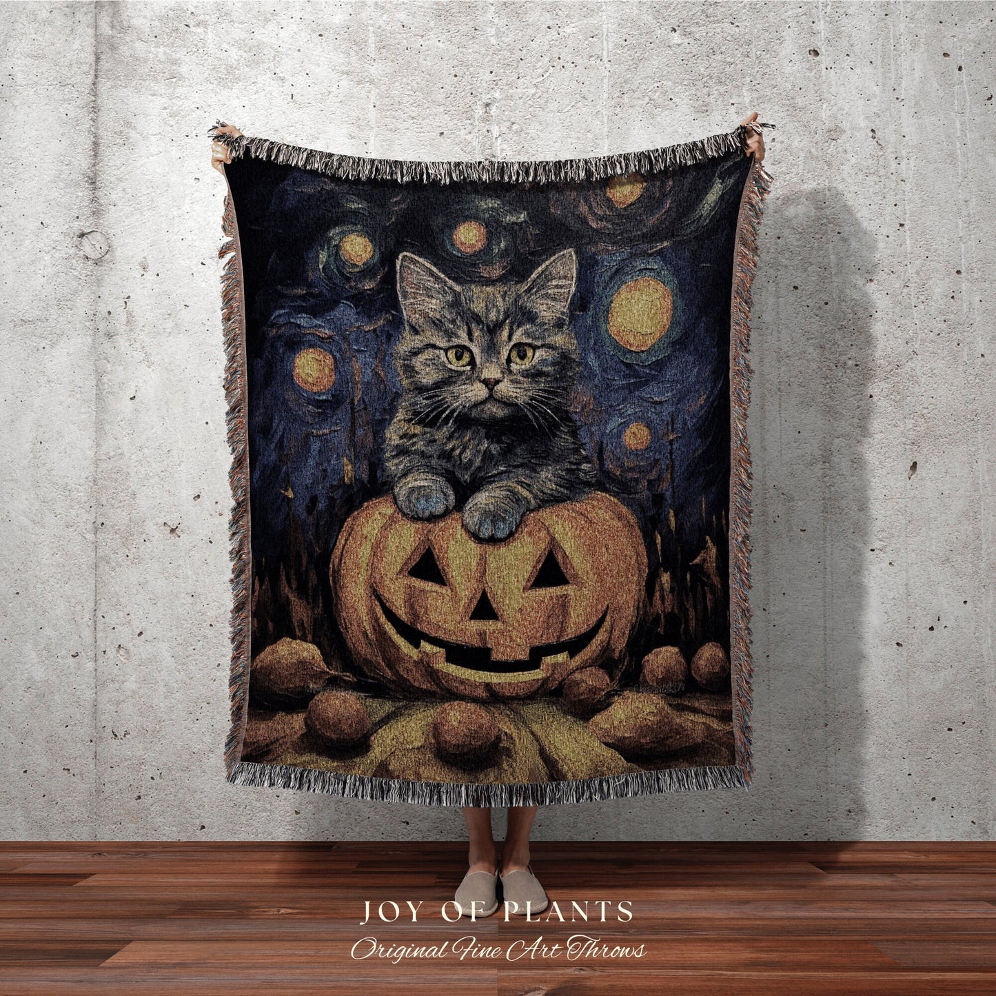 Jack-O-Lantern Kitten Tapestry Blanket Woven Throw Halloween Cute Decor | Pumpkin Patch Black Cat Tapestry Woven Blanket Halloween Decor |