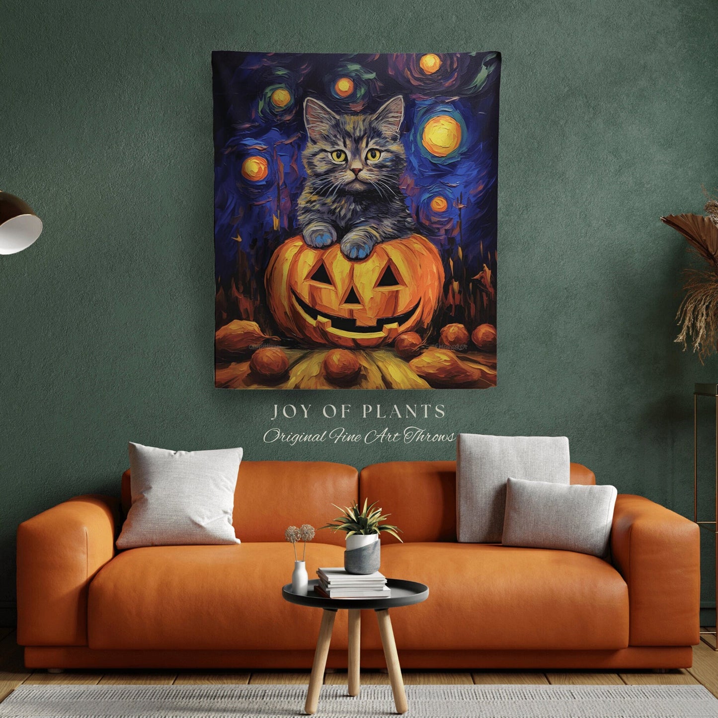 Jack-O-Lantern Kitten Tapestry Blanket Woven Throw Halloween Cute Decor | Pumpkin Patch Black Cat Tapestry Woven Blanket Halloween Decor |