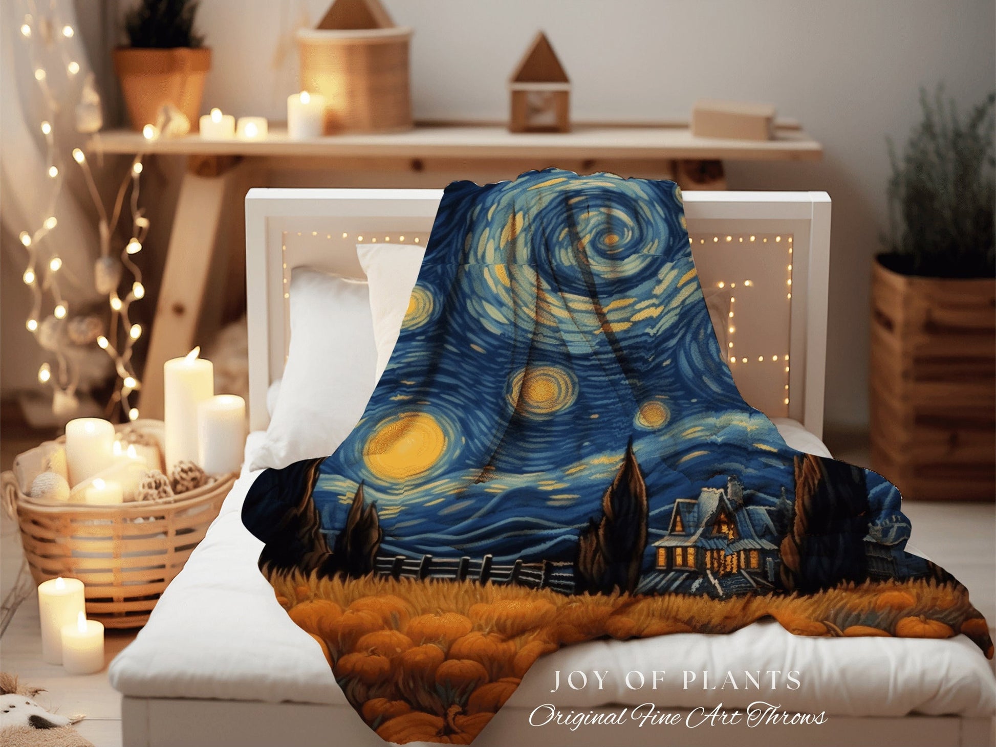 Starry Night Landscape Autumn Blanket Woven Tapestry | Pumpkin Season Autumn Decor Vintage Tapestry | Woven Wall Hanging Tapestry Halloween