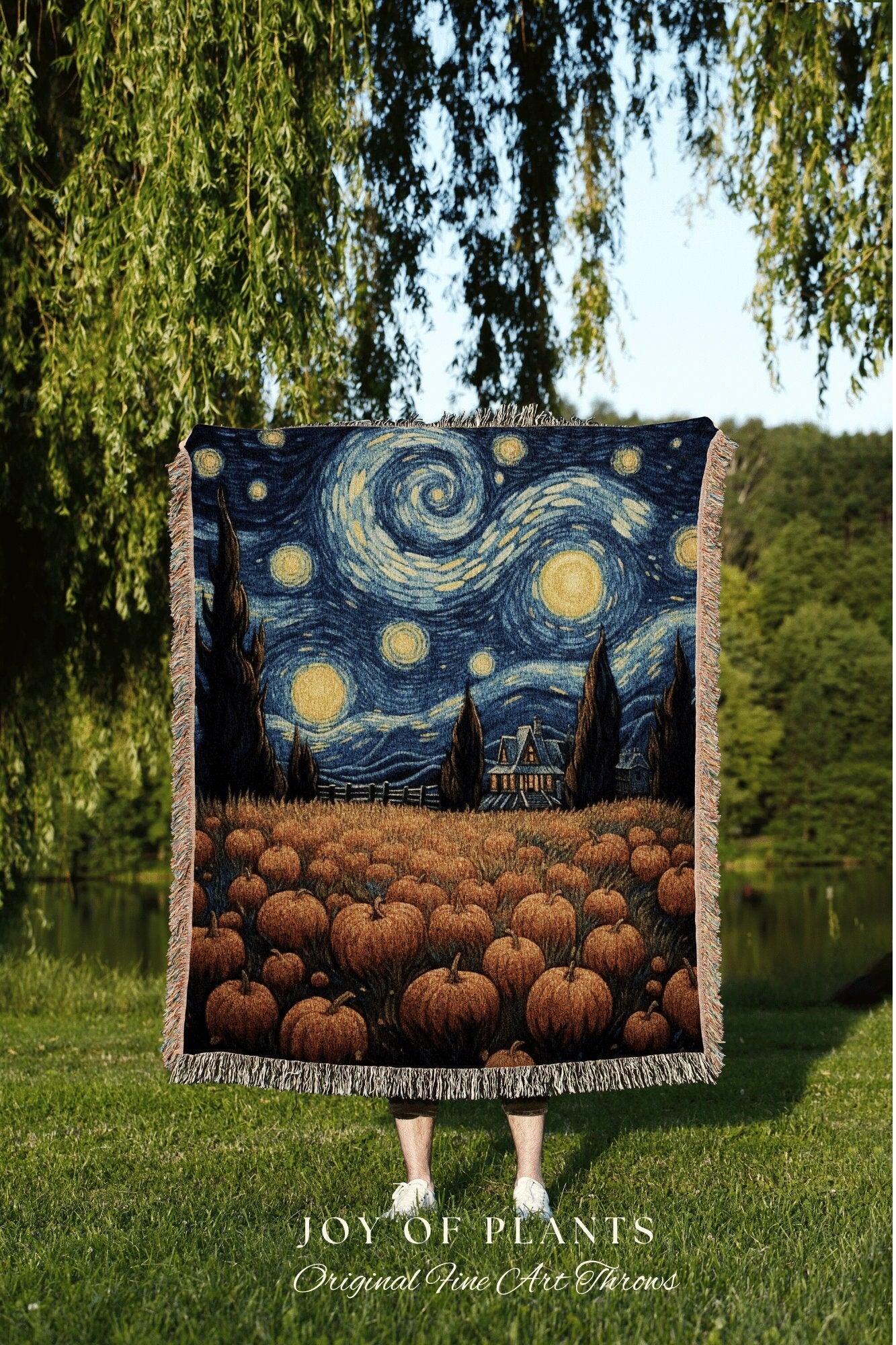 Starry Night Landscape Autumn Blanket Woven Tapestry | Pumpkin Season Autumn Decor Vintage Tapestry | Woven Wall Hanging Tapestry Halloween