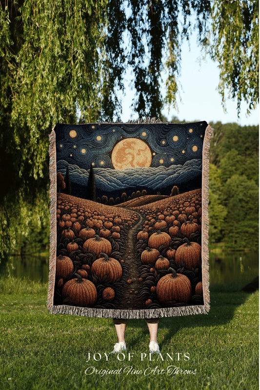 Full Moon Landscape Autumn Blanket Woven Tapestry | Pumpkin Season Autumn Decor Vintage Tapestry | Woven Wall Hanging Tapestry Halloween Art