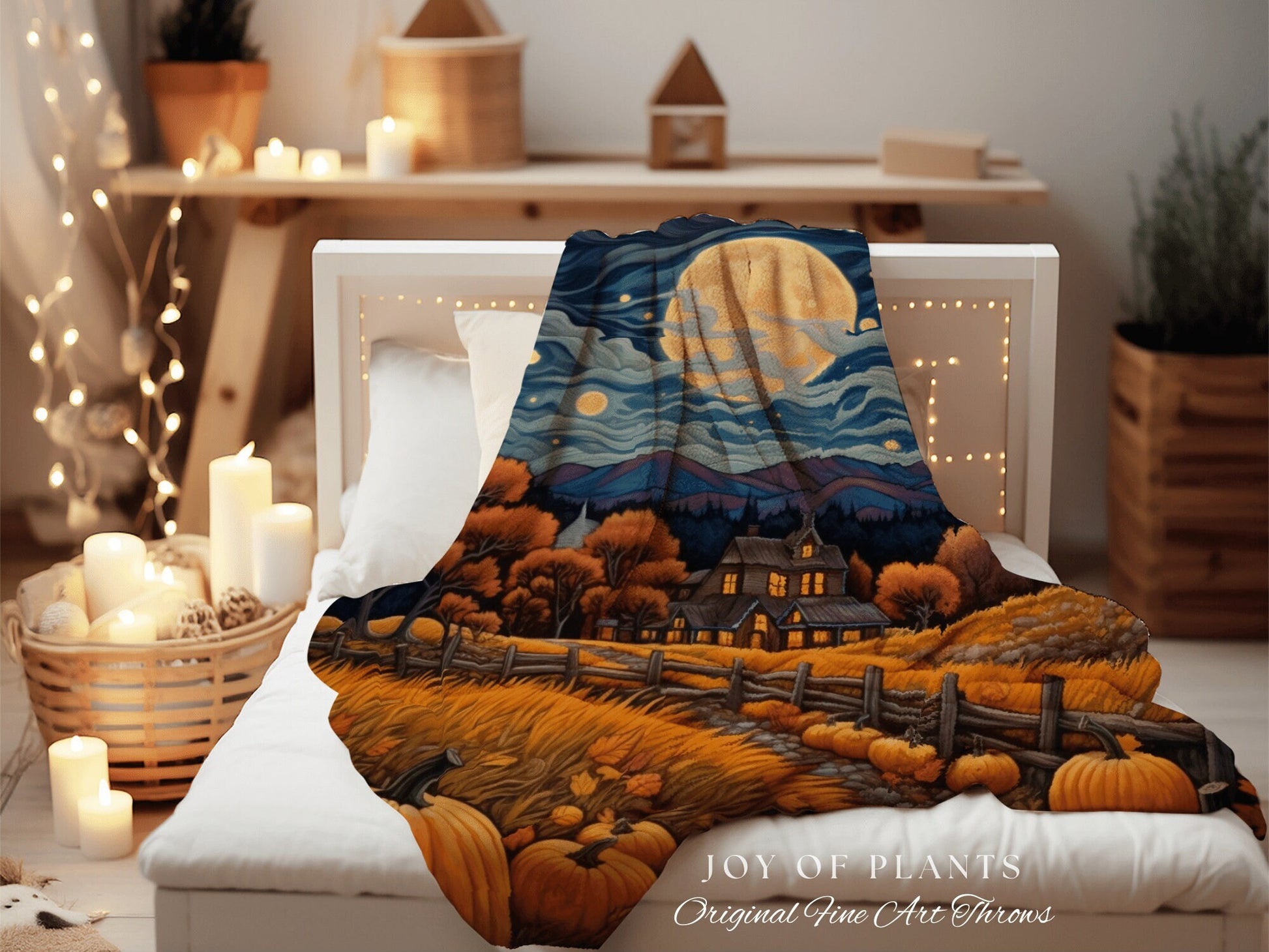 Harvest Moon Fall Landscape Vintage Halloween Tapestry Blanket Woven | Fall Aesthetic Decor Throw Blanket Woven Wall Art Halloween Decor |