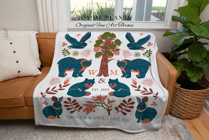 Royal Blue Woodland Blanket Custom Anniversary Gift Cottagecore Wedding Initials Blanket Personalized Couples Gift Blanket Custom Tapestry |
