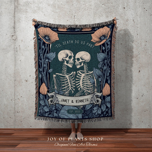 Floral Gothic Anniversary Blanket Woven Tapestry Skelton Couple Wedding Blanket Woven Throw Blanket Couples Wedding Keepsake Custom Throw