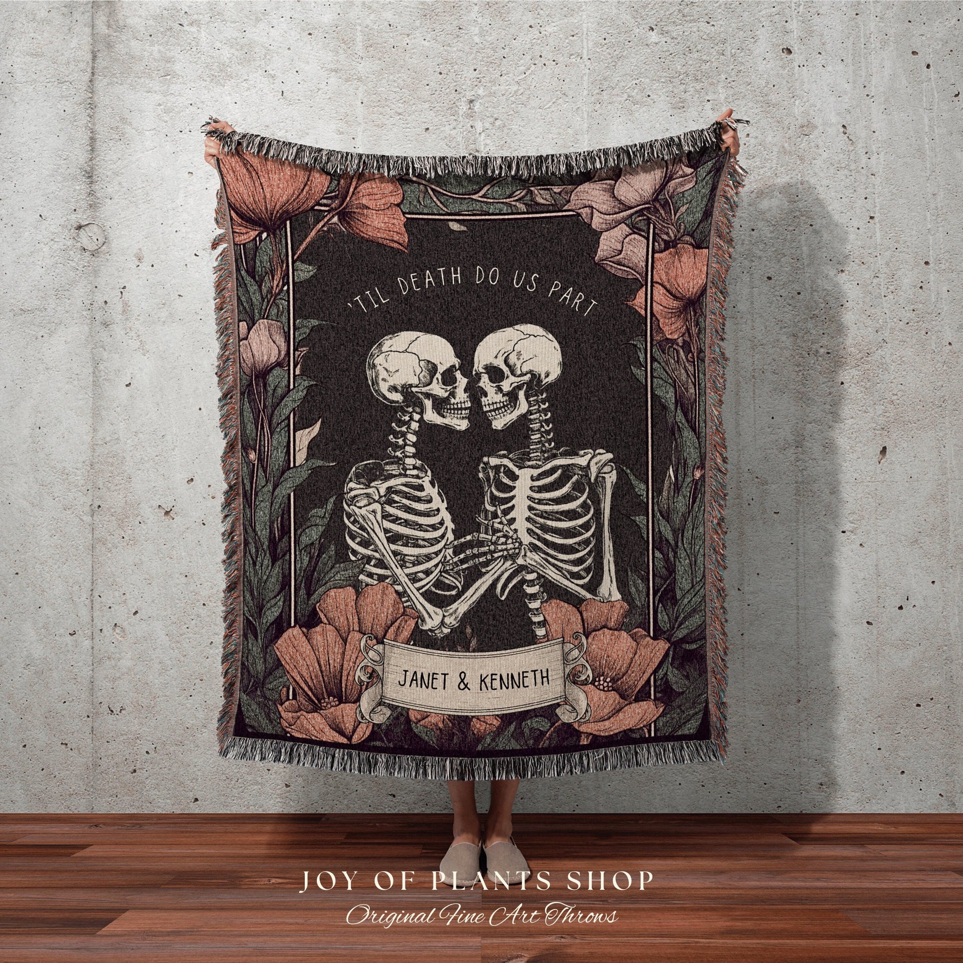 Skeleton Couple Blanket 'Til Death do us Part' Woven Tapestry | Gothic Wedding Custom Blanket Woven | Wedding Gift Personalized Skeleton Art