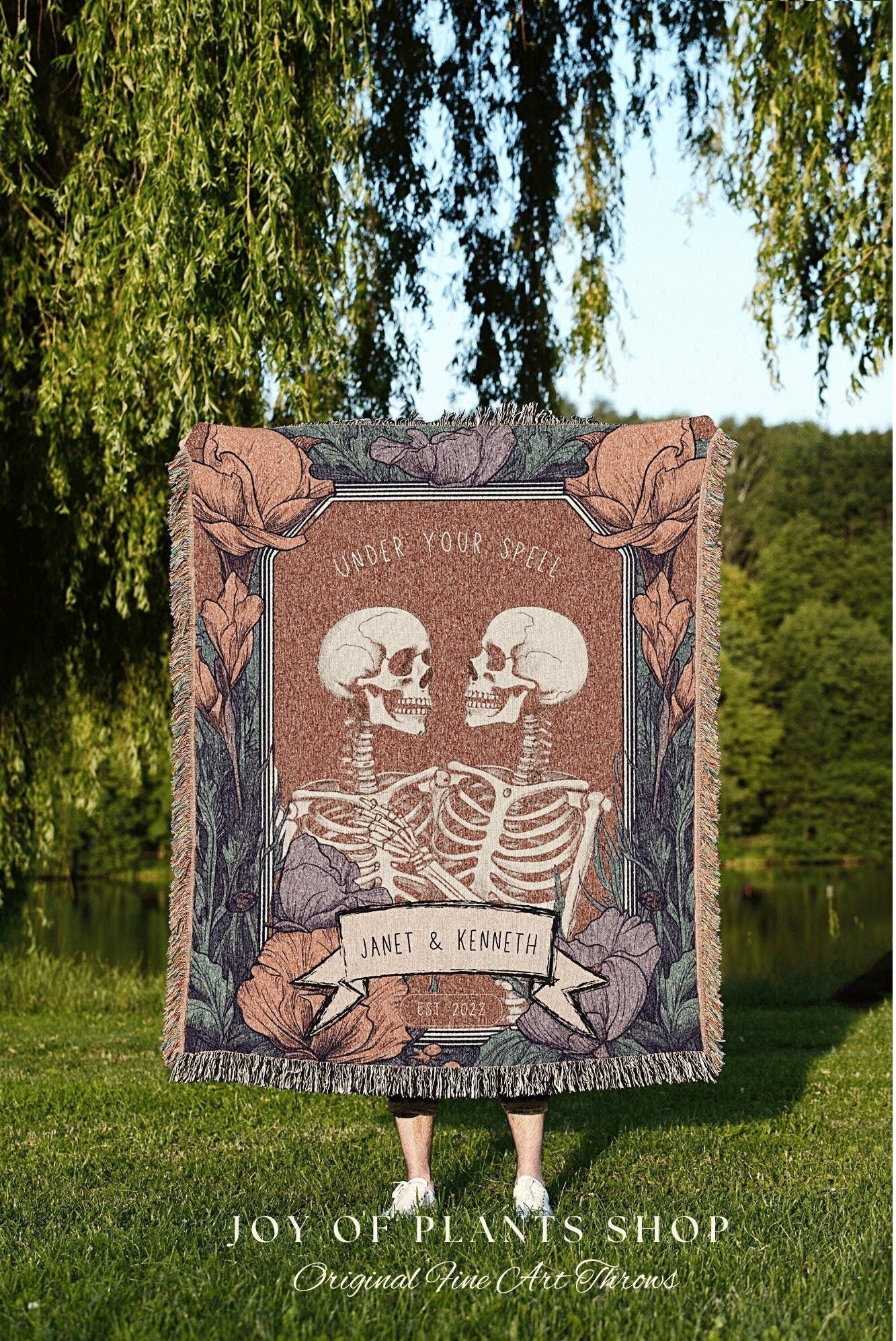 Skeleton Couple Blanket Woven Tapestry | Gothic Wedding Custom Blanket Woven | Spooky Wedding Gift Personalized | Boho Halloween Wedding |