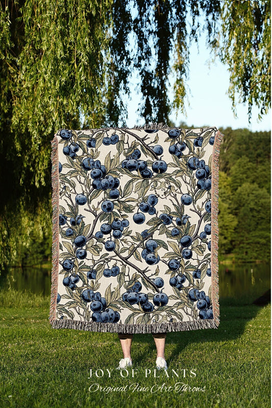 Vintage Blueberry Blanket Woven Tapestry | Wild Blueberry Fabric Vintage Botanical Blueberry Print | Woven Throw Blanket Cottagecore Decor |