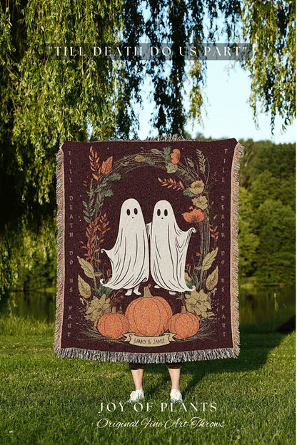 Cute Ghost Couple Custom Blanket 'Til Death do us Part' Personalized Tapestry Woven | Personalized Ghost Blanket Anniversary Gift for Goth |