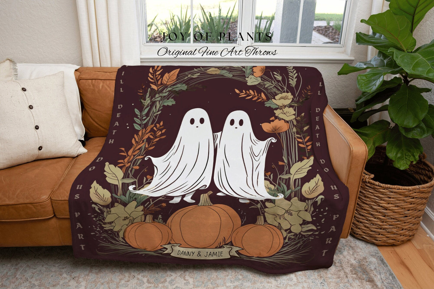 Cute Ghost Couple Custom Blanket 'Til Death do us Part' Personalized Tapestry Woven | Personalized Ghost Blanket Anniversary Gift for Goth |