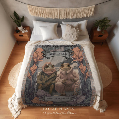 Vintage Frog Couple | Personalized Anniversary Gift Custom Name Tapestry Woodland Blanket Woven | Cottagecore Wedding Gift For Couple Gift |