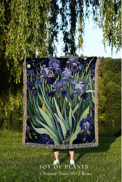 Woven Iris Flower Tapestry | Dark Academia Room Decor Floral Tapestry Woven Blanket Housewarming Gift | Vincent Van Gogh Art Tapestry Gift |