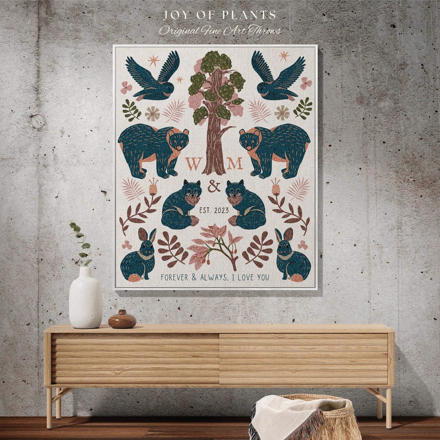 Royal Blue Woodland Blanket Custom Anniversary Gift Cottagecore Wedding Initials Blanket Personalized Couples Gift Blanket Custom Tapestry |