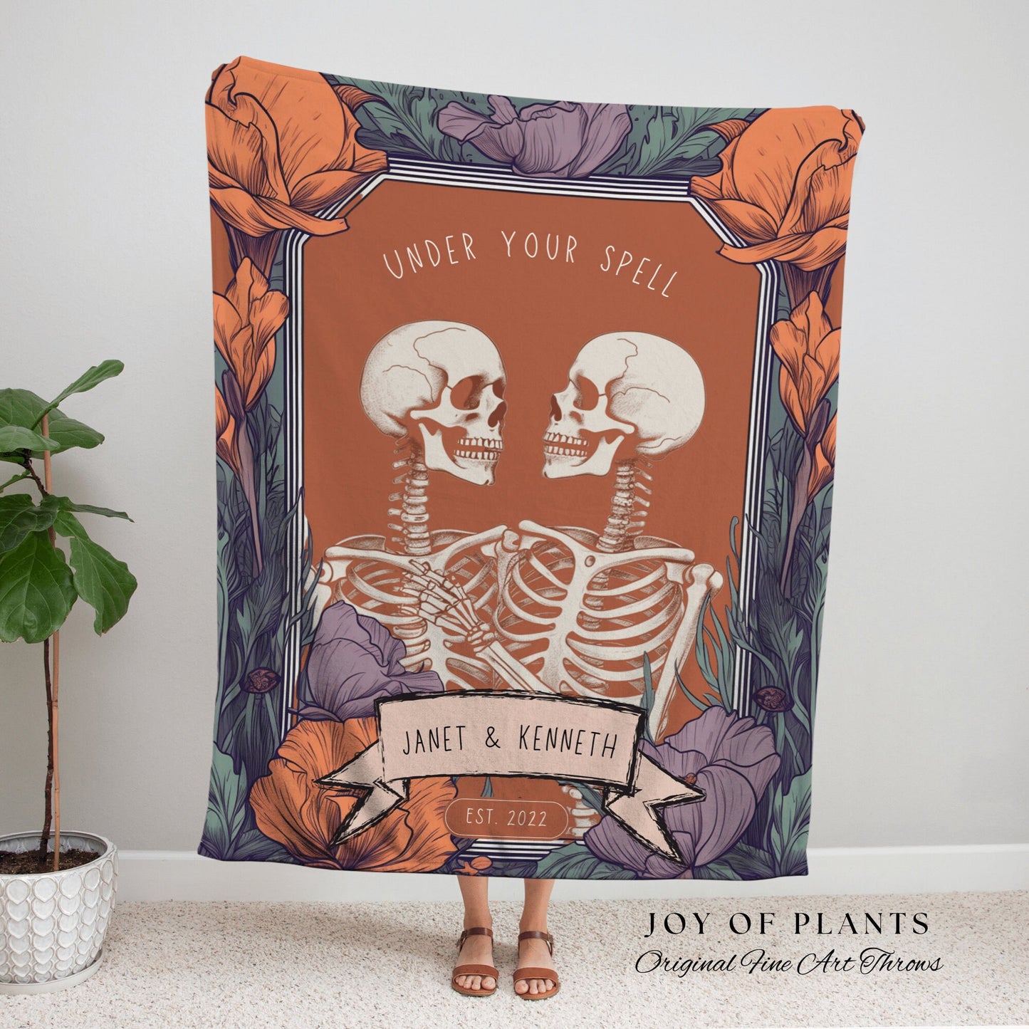 Skeleton Couple Blanket Woven Tapestry | Gothic Wedding Custom Blanket Woven | Spooky Wedding Gift Personalized | Boho Halloween Wedding |