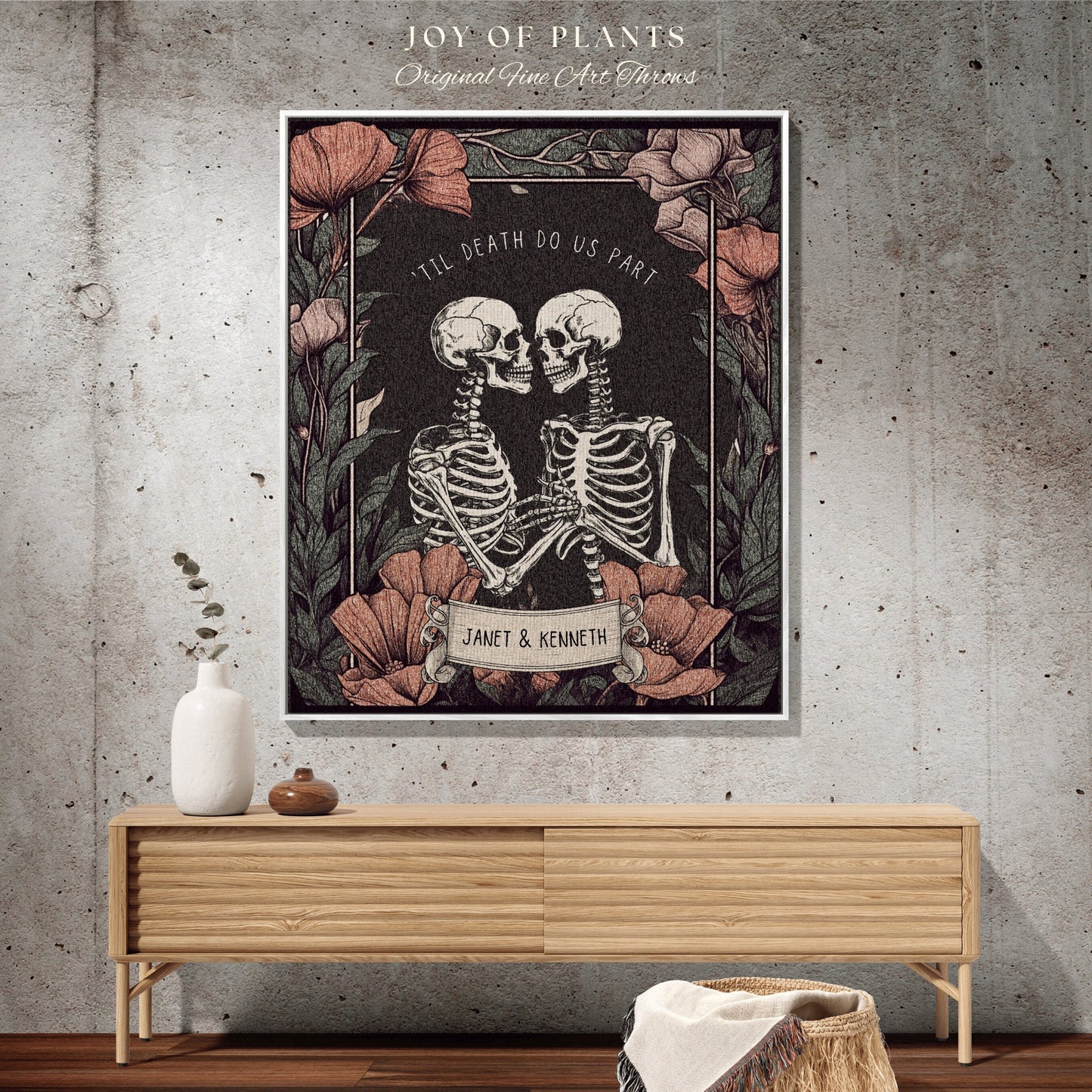 Skeleton Couple Blanket 'Til Death do us Part' Woven Tapestry | Gothic Wedding Custom Blanket Woven | Wedding Gift Personalized Skeleton Art