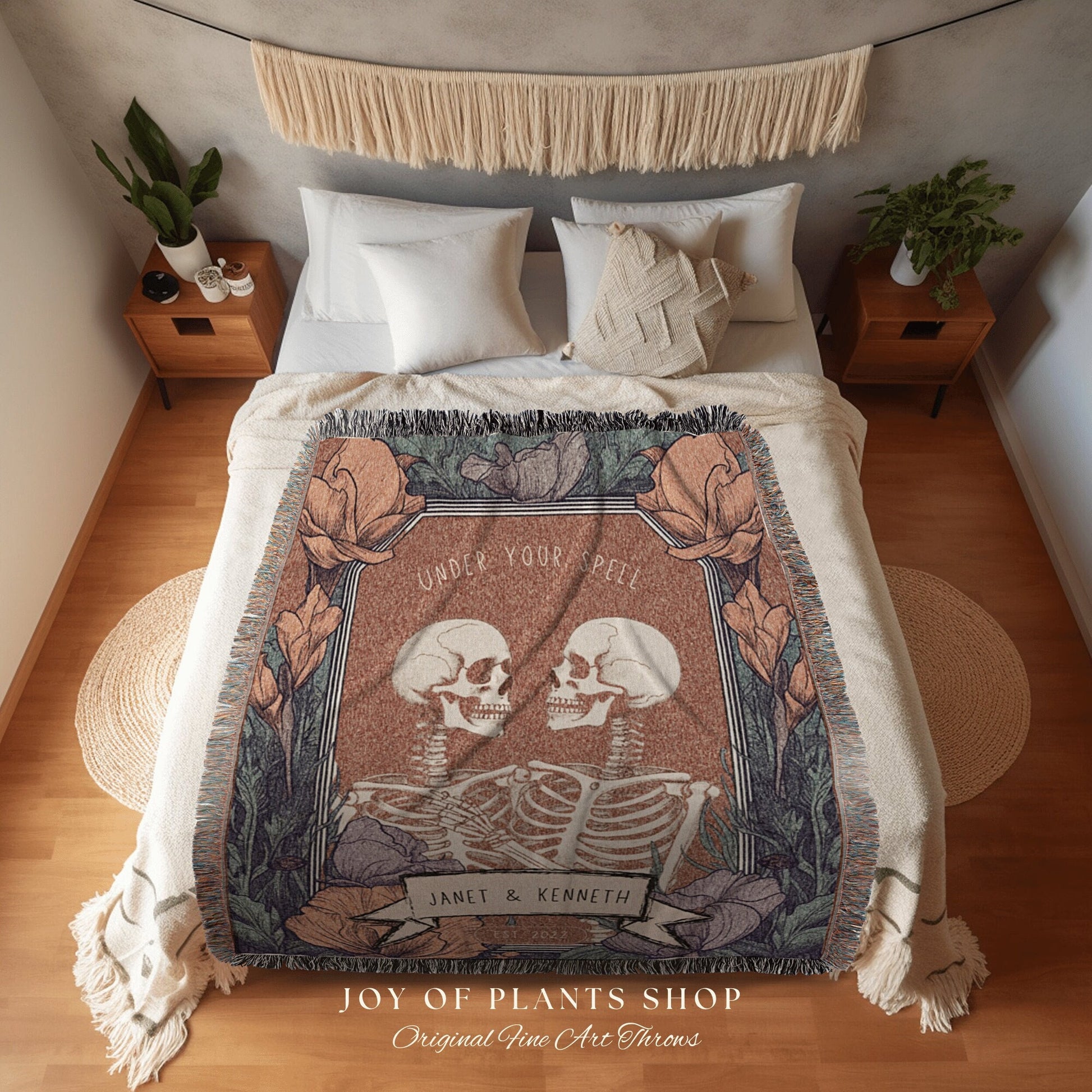 Skeleton Couple Blanket Woven Tapestry | Gothic Wedding Custom Blanket Woven | Spooky Wedding Gift Personalized | Boho Halloween Wedding |