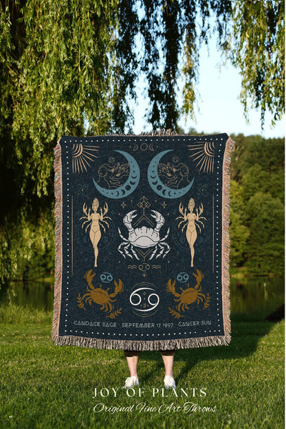 Star Sign Cancer Blanket | Woven Fringe Blanket Astrology Decor Tapestry Personalized Cancer Zodiac Sign Celestial Tapestry Academia Decor