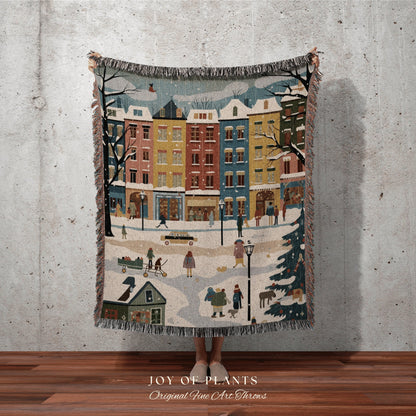 Cozy Winter Village Blanket | Cozy Christmas Blanket Woven Tapestry Scandinavian Folk Art Pastel Danish Decor Winter Home Decor Vintage Xmas