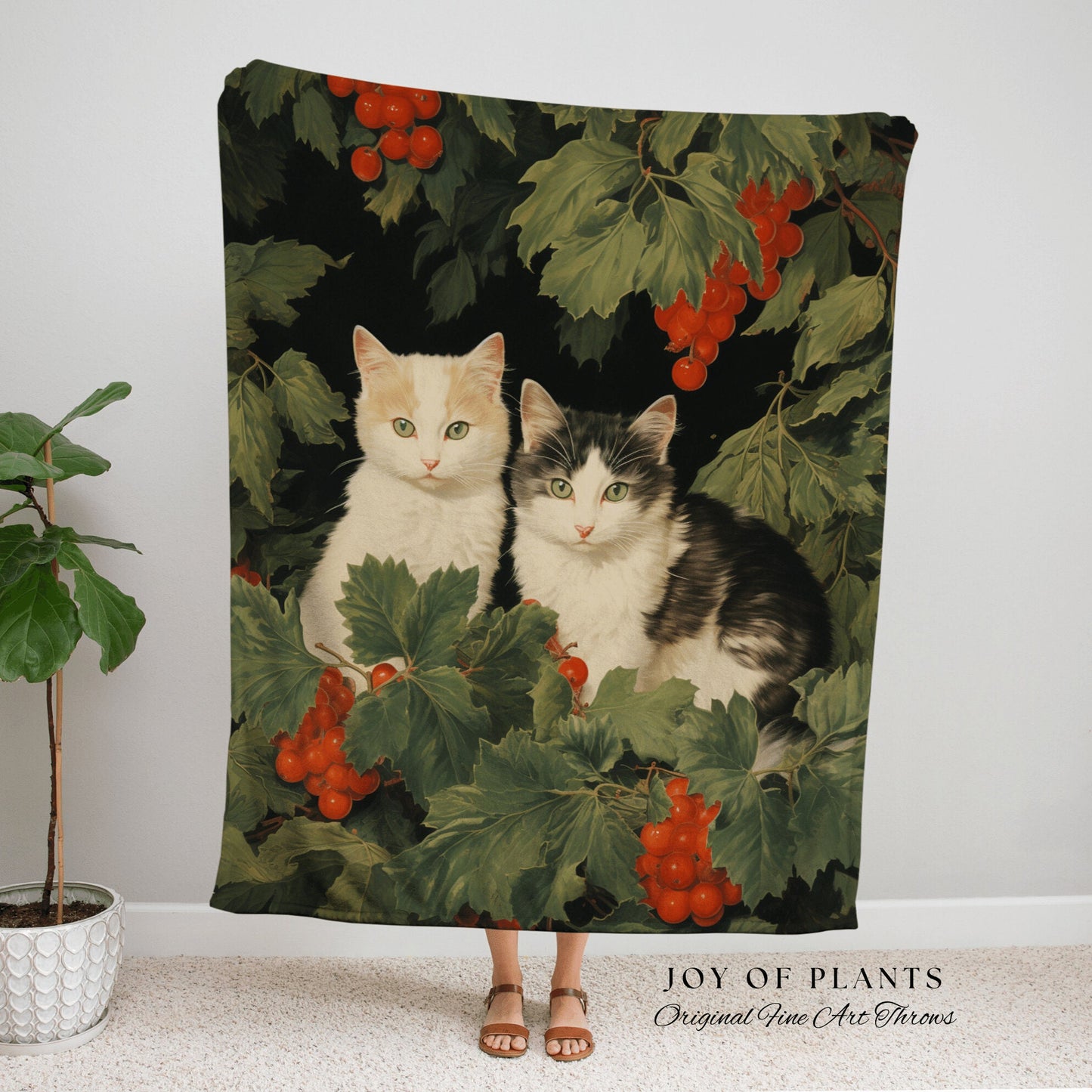 Vintage Kitten Blanket Floral | Woven Fringe Blanket Cat lover Gift Funny Tapestry Cat Family Christmas Portrait Cat Blanket Cute Kitten Art