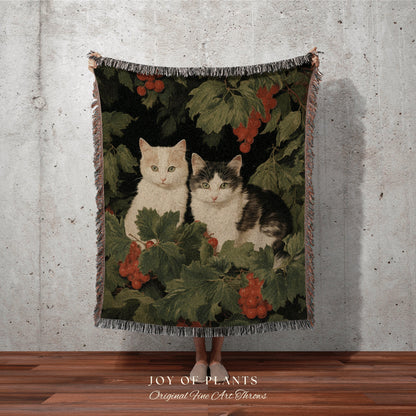 Vintage Kitten Blanket Floral | Woven Fringe Blanket Cat lover Gift Funny Tapestry Cat Family Christmas Portrait Cat Blanket Cute Kitten Art