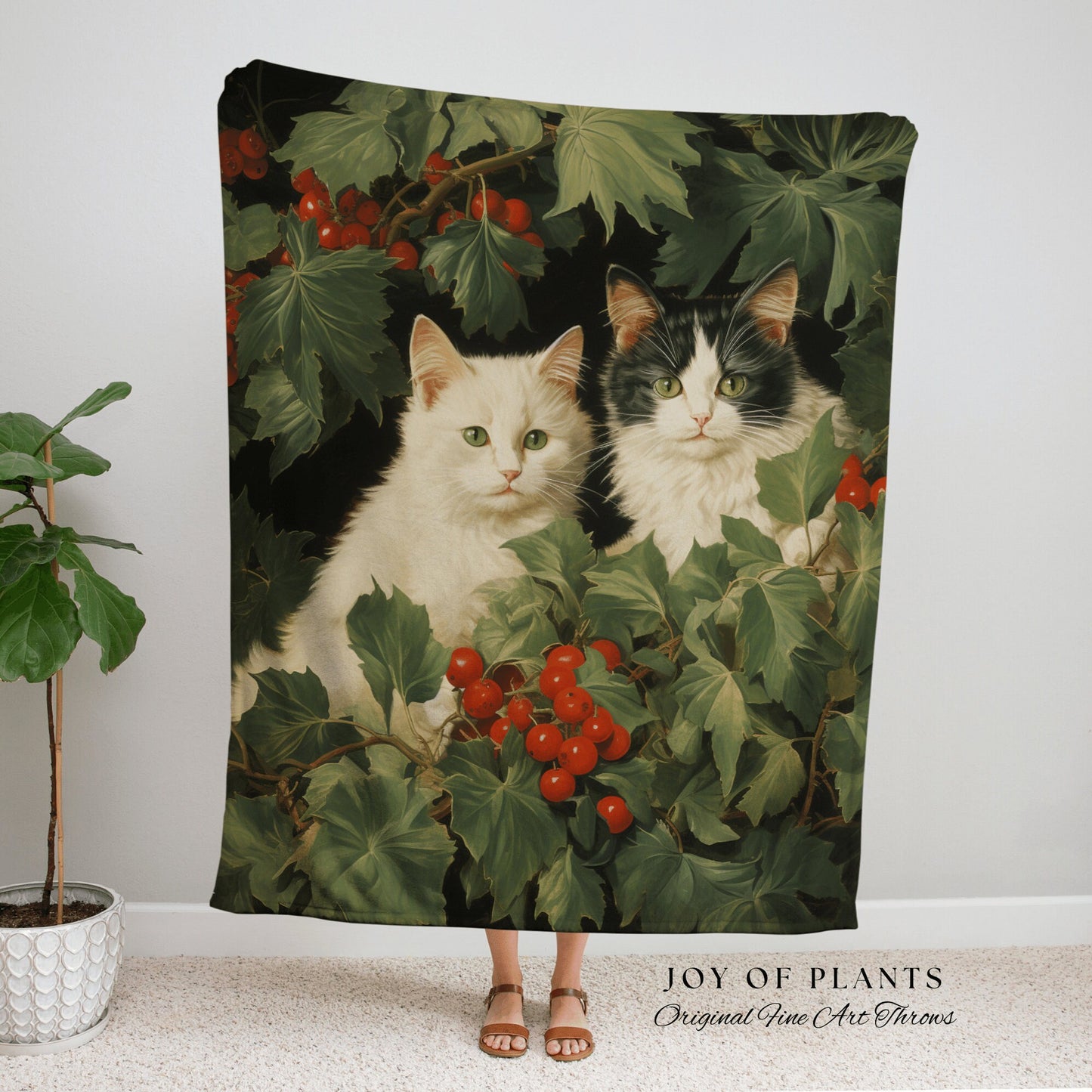 Vintage Christmas Cat Blanket | Woven Fringe Blanket Cat lover Gift Funny Tapestry Cat Family Christmas Portrait Cat Blanket Cute Kitten Art