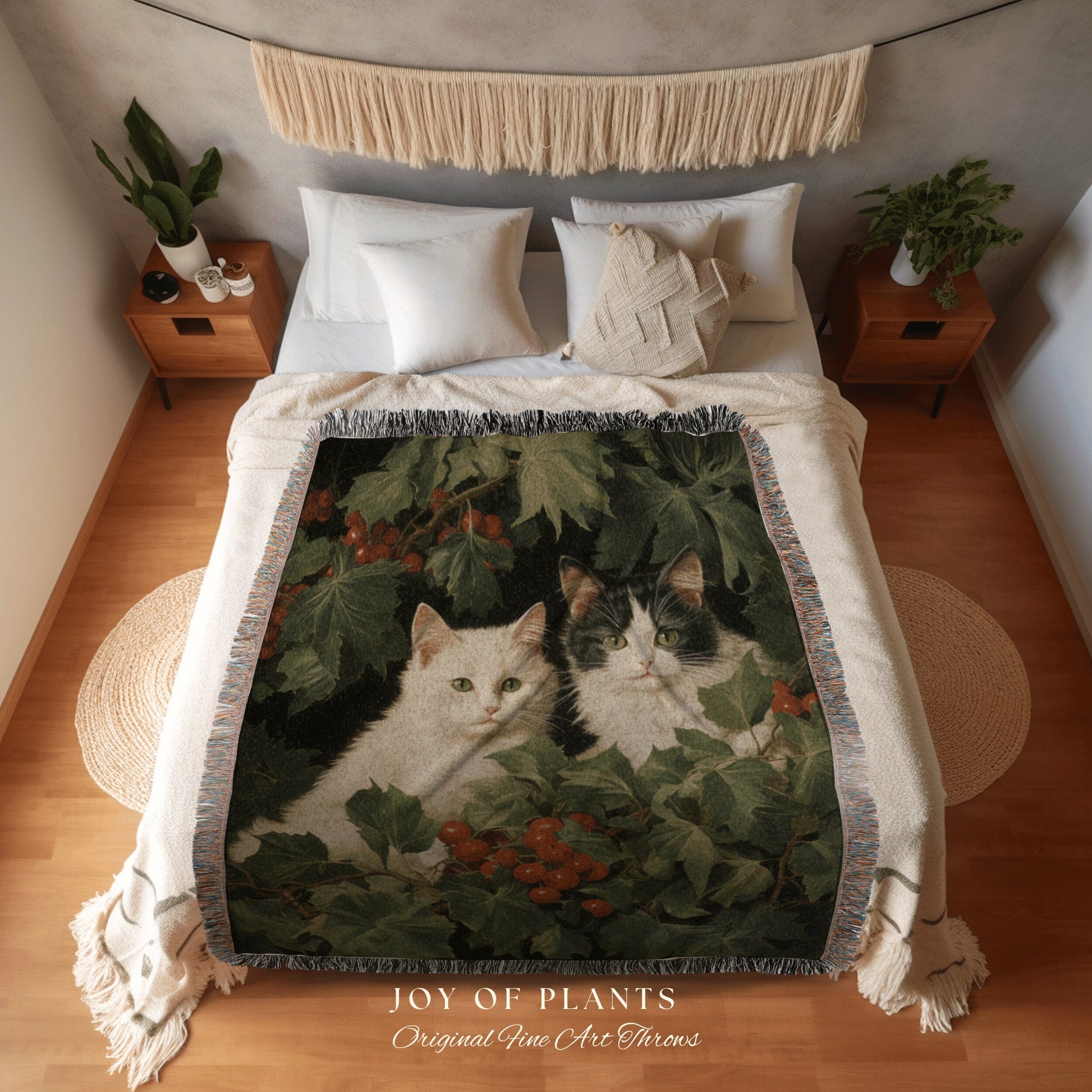 Vintage Christmas Cat Blanket | Woven Fringe Blanket Cat lover Gift Funny Tapestry Cat Family Christmas Portrait Cat Blanket Cute Kitten Art