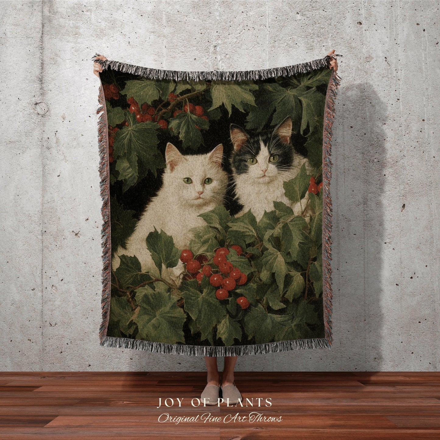 Vintage Christmas Cat Blanket | Woven Fringe Blanket Cat lover Gift Funny Tapestry Cat Family Christmas Portrait Cat Blanket Cute Kitten Art