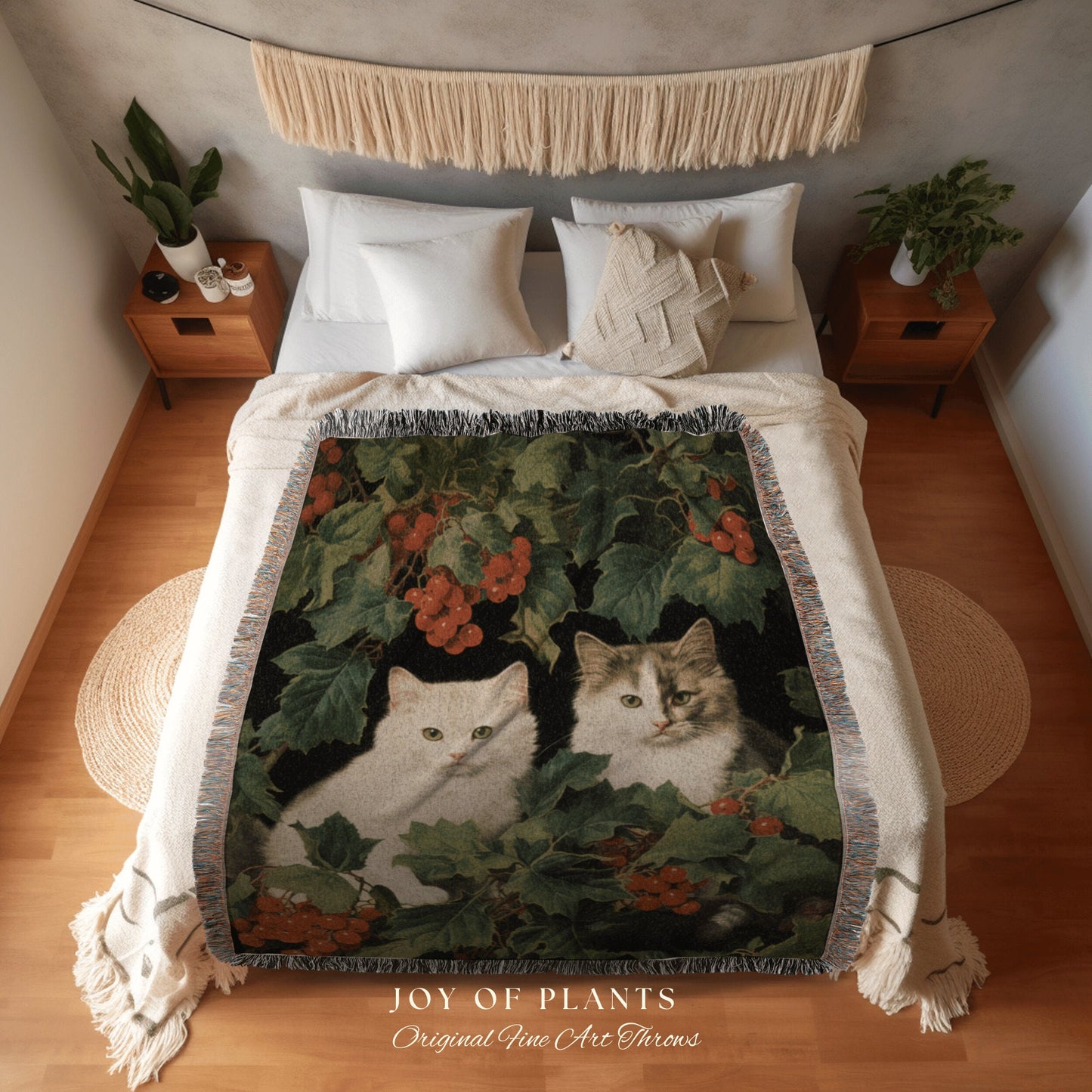 Christmas Kitten Blanket Vintage | Woven Fringe Blanket Cat lover Gift Funny Tapestry Cat Family Christmas Portrait Cat Blanket Cute Kitten