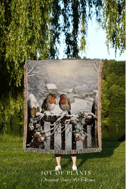 Love Birds Winter Blanket | Vintage Christmas Cardinal Blanket Woven Tapestry Winter Holiday Decor Snowy Landscape Vintage Home Decor Birds