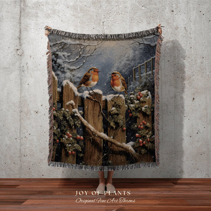 Winter Robins Cozy Blanket | Vintage Christmas Cardinal Blanket Woven Tapestry Winter Holiday Decor Snowy Landscape Vintage Home Decor Birds