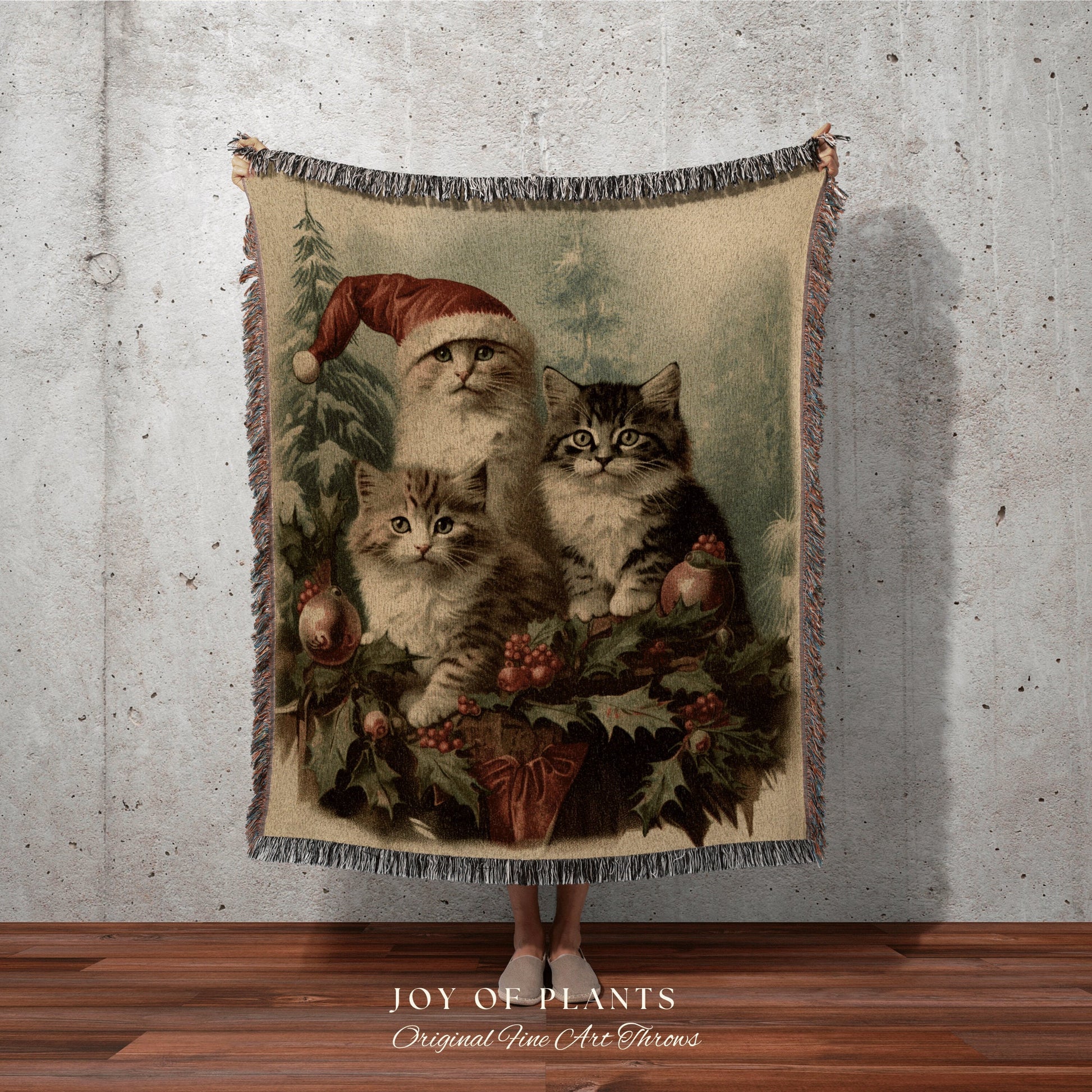 Santa Kitten Portrait Cat Blanket | Woven Fringe Blanket Cat lover Gift Funny Tapestry Cat Family Christmas Portrait Cat Blanket Cute Kitten