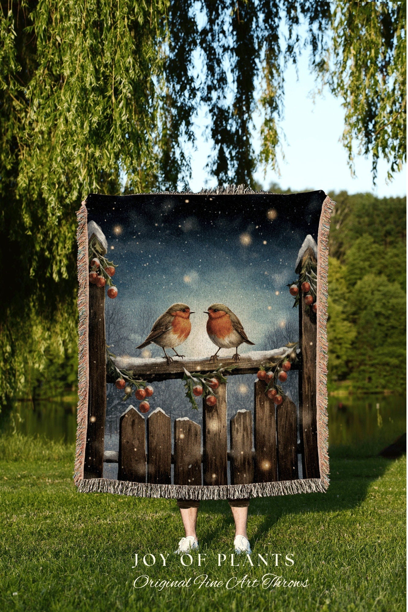 Christmas Bird Blanket | Vintage Christmas Cardinal Blanket Woven Tapestry Winter Holiday Decor Snowy Landscape Vintage Home Decor Bird Cute